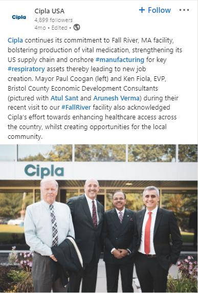 Cipla continues its commitment to Fall River